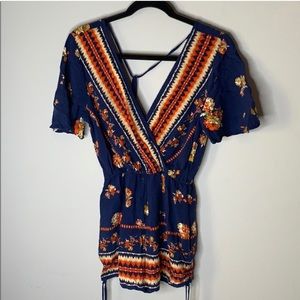 Band of gypsies navy blue orange floral romper M